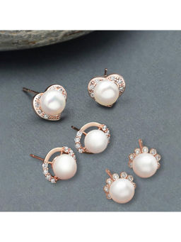 Zaveri Pearls - Set of 3 Rose Gold Contemporary Cubic Zirconia Stud Earrings-ZPFK13490