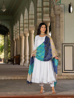 GAYRAA - White Flared Anarkali Kurta With Pant & Dupatta (Set of 3)