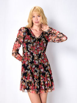 Cover Story - Black Floral Print Mesh Skater Dress