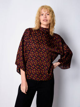 Cover Story - Multi-Color Geo Print Tie-Neck Shell Top