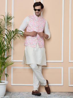 See Designs - Pink Printed Slim Fit Nehru Jacket with Solid Kurta Pyjama (Set of 3)