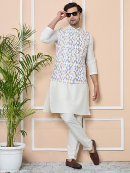 See Designs - Grey Printed Slim Fit Cotton Nehru Jacket with Solid Kurta Pyjama (Set of 3)