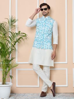 See Designs - Blue Printed Slim Fit Nehru Jacket with Solid Kurta Pyjama (Set of 3)