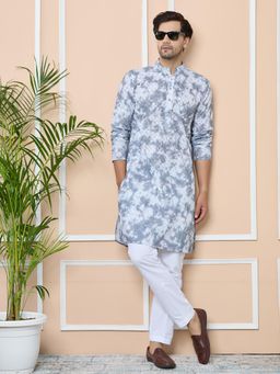 See Designs - Grey Printed and Embroidered Cotton Straight Kurta with Pyjama (Set of 2)