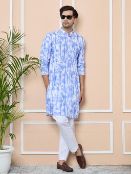 See Designs - Blue Printed and Embroidered Cotton Straight Kurta with Pyjama (Set of 2)