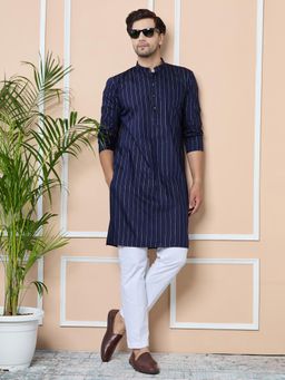 See Designs - Navy Thread Work Straight Kurta with Pyjama (Set of 2)