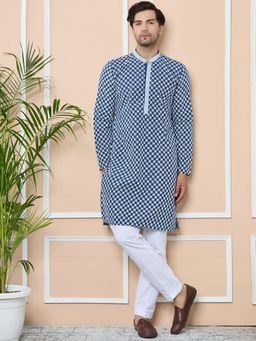 See Designs - Blue Embroidered Mandarin Collar Straight Kurta with Pyjama (Set of 2)