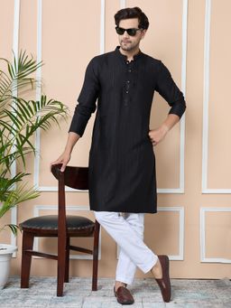 See Designs - Black Jacquard Mandarin Collar Straight Kurta with Pyjama (Set of 2)
