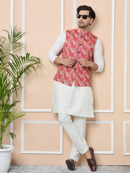 See Designs - Orange Ethnic Motif Printed Nehru Jacket with Solid Kurta Pyjama (Set of 3)