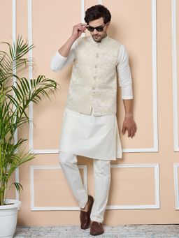 See Designs - Beige Woven Jacquard Nehru Jacket with Solid Kurta Pyjama (Set of 3)