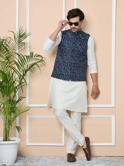 See Designs - Navy Woven Jacquard Nehru Jacket with Solid Kurta Pyjama (Set of 3)