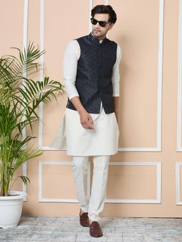See Designs - Black Woven Jacquard Nehru Jacket with Solid Kurta Pyjama (Set of 3)