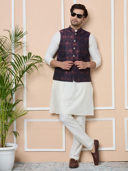 See Designs - Navy Woven Jacquard Nehru Jacket with Solid Kurta Pyjama (Set of 3)