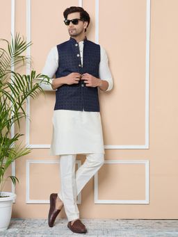 See Designs - Blue Woven Jacquard Nehru Jacket with Solid Kurta Pyjama (Set of 3)