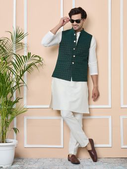 See Designs - Green Woven Jacquard Nehru Jacket with Solid Kurta Pyjama (Set of 3)