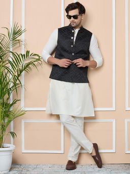 See Designs - Black Woven Jacquard Nehru Jacket with Solid Kurta Pyjama (Set of 3)