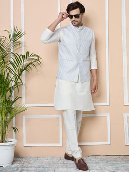 See Designs - Grey Sequin Embroidered Nehru Jacket with Solid Kurta Pyjama (Set of 3)