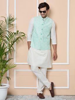 See Designs - Blue Sequin Embroidered Nehru Jacket with Solid Kurta Pyjama (Set of 3)