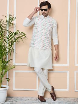 See Designs - White Sequin Embroidered Nehru Jacket with Solid Kurta Pyjama (Set of 3)