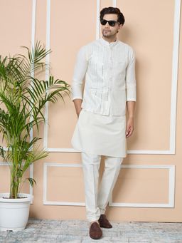 See Designs - White Sequin Embroidered Nehru Jacket with Solid Kurta Pyjama (Set of 3)