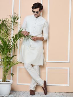 See Designs - White Sequin Embroidered Nehru Jacket with Solid Kurta Pyjama (Set of 3)