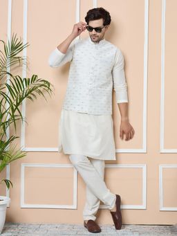 See Designs - White Sequin Embroidered Nehru Jacket with Solid Kurta Pyjama (Set of 3)