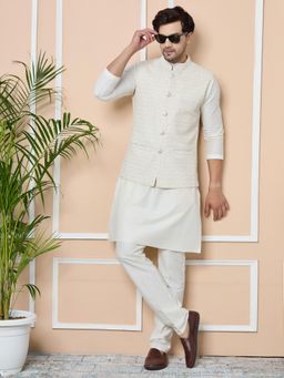 See Designs - Off-White Sequin Embroidered Nehru Jacket with Solid Kurta Pyjama (Set of 3)