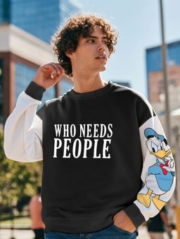 Bewakoof - Men's Black Who Needs People Graphic Printed Oversized Sweatshirt
