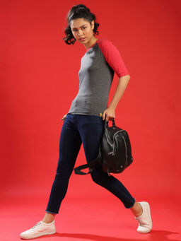 PINACOLADA - Solid Women Round Neck Charcoal-maroon Tops