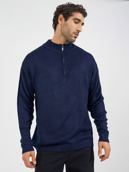 Styli - Navy Blue Relaxed Fit Quarter Zip Up Lightweight Sweater