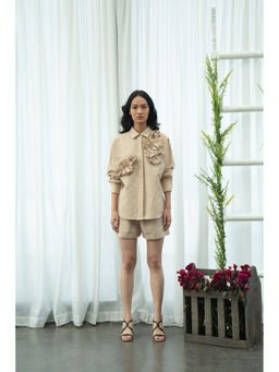 Pleats by Aruni - Beige Flower Shirt and Shorts Co-Ord (Set of 2)