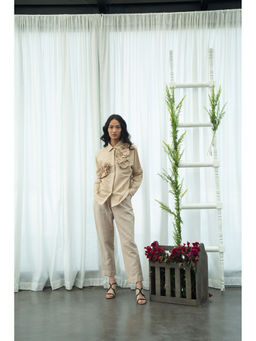 Pleats by Aruni - Beige Flower Shirt and Pants Co-Ord (Set of 2)