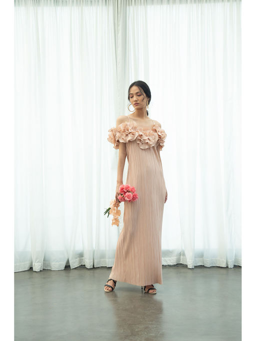 Buy Pleats by Aruni Beige Pleated Flower Gown Online