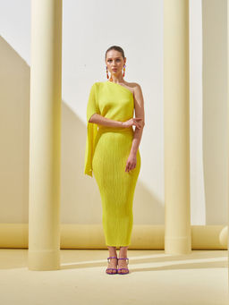 Pleats by Aruni - Yellow One Shoulder Drape Dress with Inner (Set of 2)