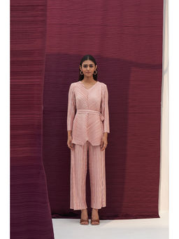 Pleats by Aruni - Pink Metallic V Neck Top and Pant with Belt Co-Ord (Set of 3)