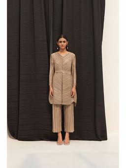 Pleats by Aruni - Gold Metallic Long V Neck Top and Pant with Belt Co-Ord (Set of 3)