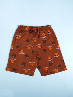 KiddoPanti - Brown Boys 100% Cotton Aop Printed Basic Shorts