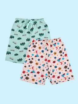 KiddoPanti - Green And Off White Boys 100% Cotton Printed Shorts Pack of 2