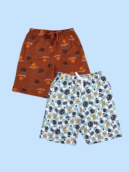 KiddoPanti - Green And Brown Boys 100% Cotton Printed Shorts Pack of 2