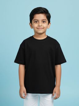 KiddoPanti - Black Boys Solid Drop Shoulder Half Sleeve Round Neck T-Shirt