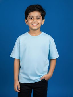 KiddoPanti - Light Blue Boys Solid Drop Shoulder Half Sleeve Round Neck T-Shirt