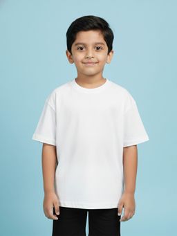 KiddoPanti - White Boys Solid Drop Shoulder Half Sleeve Round Neck T-Shirt