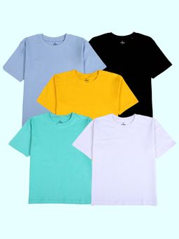 KiddoPanti - Boys Solid Drop Shoulder Half Sleeve Round Neck T-Shirt Pack of 5