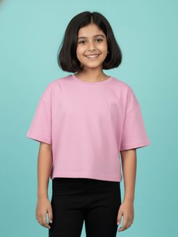 KiddoPanti - Baby Pink Girls Solid Drop Shoulder Half Sleeve Round Neck Crop T-Shirt