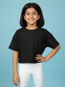 KiddoPanti - Black Girls Solid Drop Shoulder Half Sleeve Round Neck Crop T-Shirt