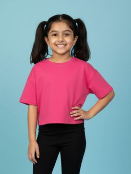 KiddoPanti - Fuchsia Pink Girls Solid Drop Shoulder Half Sleeve Round Neck Crop T-Shirt