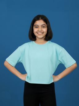 KiddoPanti - Sky Blue Girls Solid Drop Shoulder Half Sleeve Round Neck Crop T-Shirt