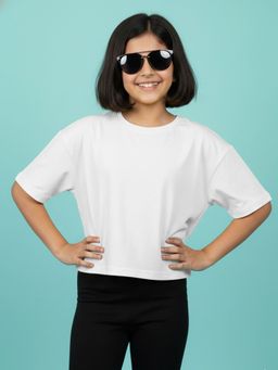 KiddoPanti - White Girls Solid Drop Shoulder Half Sleeve Round Neck Crop T-Shirt