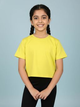 KiddoPanti - Yellow Girls Solid Drop Shoulder Half Sleeve Round Neck Crop T-Shirt