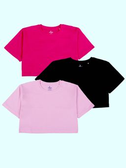 KiddoPanti - Girls Solid Drop Shoulder Half Sleeve Round Neck Crop T-Shirt Pack of 3